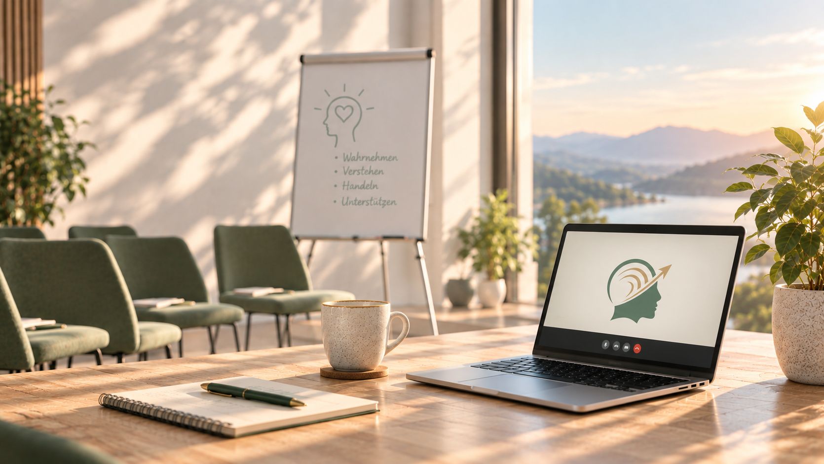 Kursraum mit Stuhlreihe und Flipchart „Wahrnehmen · Verstehen · Handeln · Unterstützen“ — daneben ein Laptop mit laufender Videokonferenz: MHFA-Kurse finden in Präsenz und online statt.